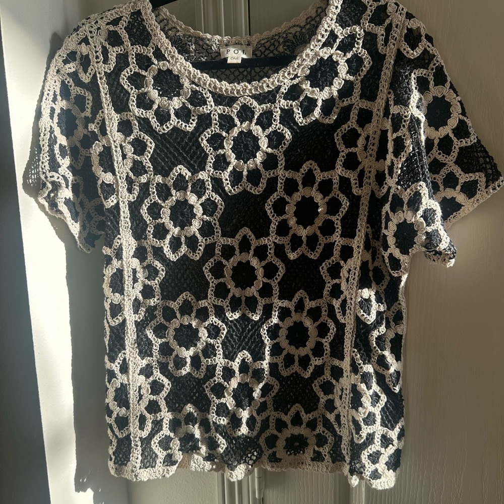 POL Black and Cream Floral Crochet Blouse